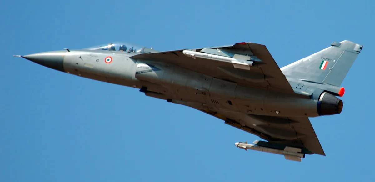 HAL Tejas light combat aircraft in flight at Aero India