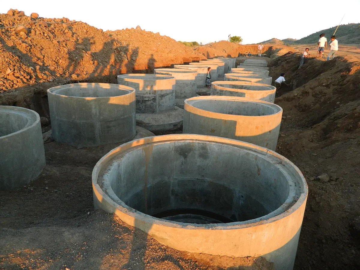 Concrete digester rings of a common biogas plant under construction in Maharashtra