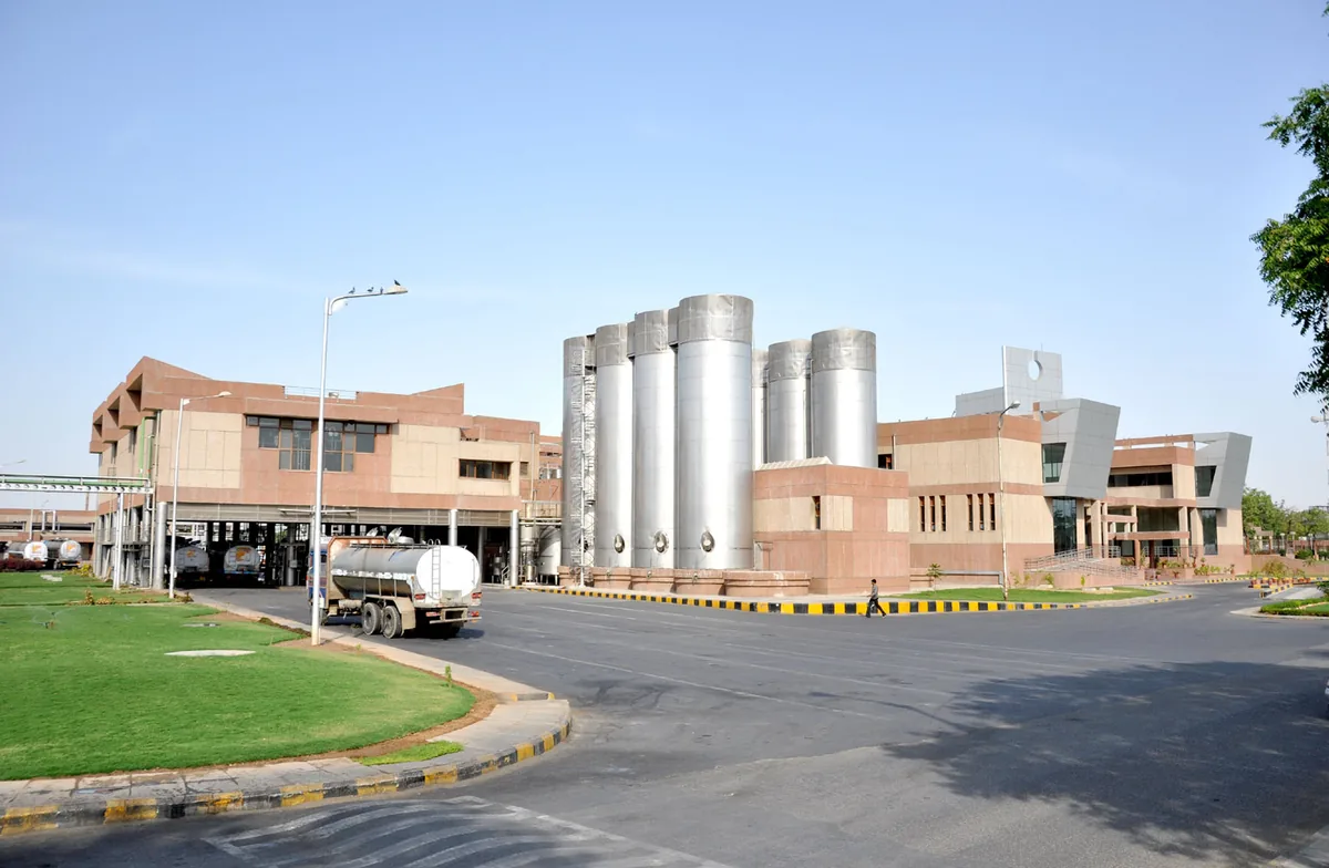 Milk processing plant with steel silos at Banas Dairy, Palanpur, Gujarat